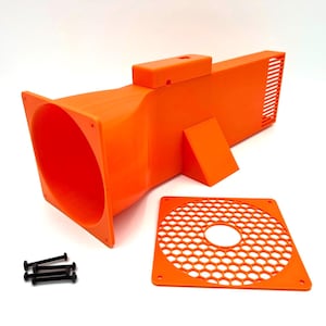 Peut inclure: Un objet orange en plastique en forme d'entonnoir avec une extension rectangulaire et une pi&egrave;ce carr&eacute;e s&eacute;par&eacute;e &agrave; motif en nid d'abeille. Comprend un ensemble de vis noires. L'objet a une conception en forme d'&eacute;vent &agrave; une extr&eacute;mit&eacute;.