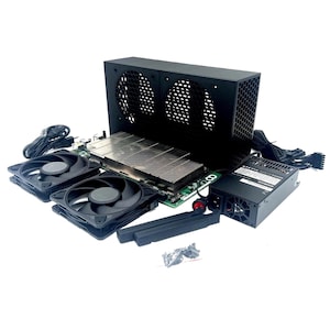 May include: A computer hardware kit featuring a black dual-fan radiator enclosure, a green motherboard with a metallic heatsink, two separate black cooling fans, a black Apevia power supply unit, black power cables, and a small bag of metal screws.