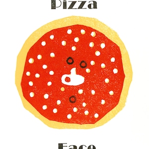 May include: A red pizza with a yellow crust and white and black toppings. The pizza is shaped like a face with black eyes and a white nose. The text "Pizza Face" is printed below the pizza.