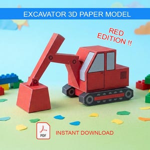 Può includere: Un modello 3D in carta di un escavatore rosso con braccio e benna mobili, finestrini grigi e cingoli neri. Il testo EXCAVATOR 3D PAPER MODEL, RED EDITION !! e INSTANT DOWNLOAD con un'icona PDF sono visibili nell'immagine.
