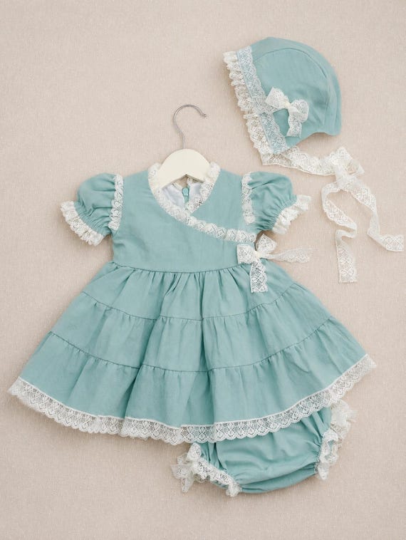 green dress for christening Sage Baby Girl | Handmade Baptism Dress | Premium Cotton Dress | Optional Bonnet & Bloomers Baby baptism