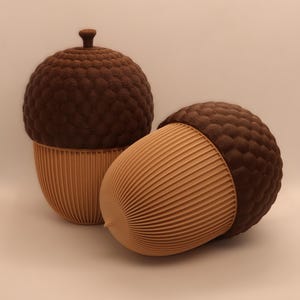 May include: Two decorative acorn-shaped containers. The tops are dark brown with a textured, bumpy surface, while the bases are light brown with vertical, ridged detailing. One acorn is upright, and the other is on its side.
