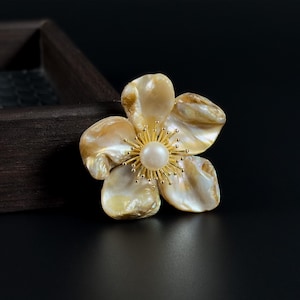 Vintage Pearl Flower Brooch: Mother-of-Pearl Shell, Copper