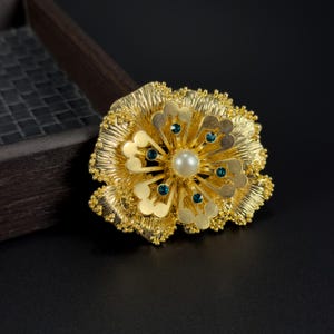 Handmade Golden Flower Brooch: Zircon Copper Art Jewelry