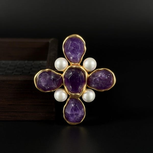 Vintage Elegant Amethyst Cross Brooch