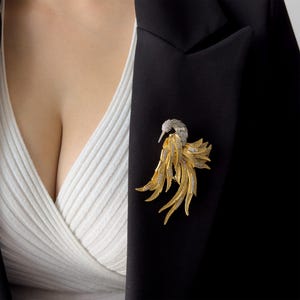 Vintage golden bird brooch, 3D bird brooch, crane brooch, birthday gift
