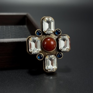 Vintage Palace Style Cross Brooch: Zircon, Glass & Copper