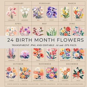Birth Month Flower Clipart Bundle: Floral Graphics (PNG, Vector, JPG) Digital Download