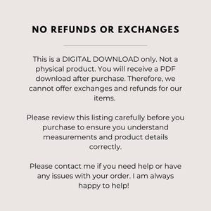 May include: A cream-colored graphic with the text "NO REFUNDS OR EXCHANGES" at the top. The text below explains the product is a digital download and cannot be refunded. It also asks the buyer to review the listing.