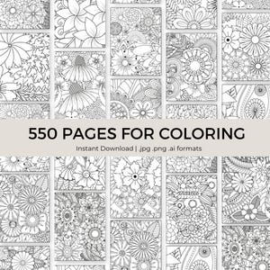 May include: A collection of black and white floral designs for coloring. The image displays a grid of various flower patterns, with the text "550 PAGES FOR COLORING" at the center. The designs are intricate and suitable for coloring.