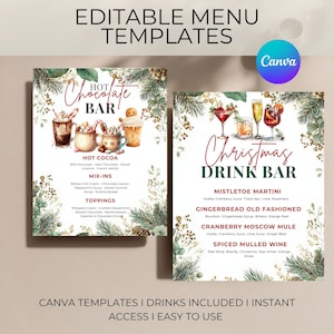 以下が含まれることがあります： ホットチョコレートバーとクリスマスドリンクバーの編集可能なメニューテンプレート。テンプレートは、ホットココア、カクテル、お祝いの緑の風景の水彩イラストを特徴としています。 Canvaのロゴとテキストが含まれています: "CANVA TEMPLATES I DRINKS INCLUDED I INSTANT ACCESS I EASY TO USE."
