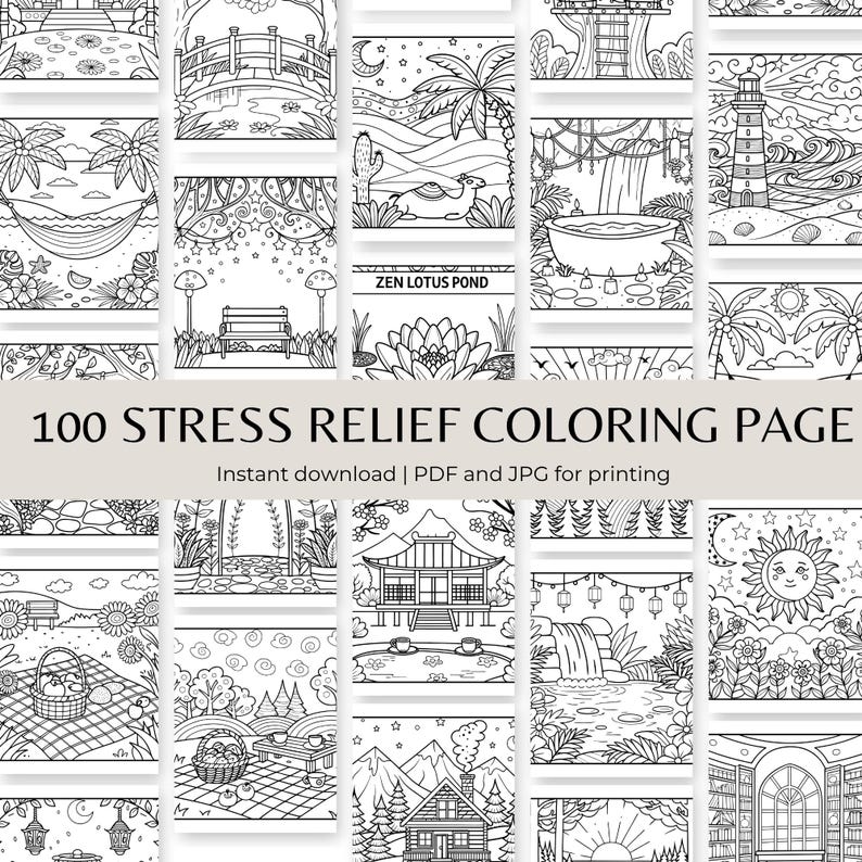 May include: A collection of 100 stress relief coloring pages. The pages feature various detailed black and white illustrations of landscapes, nature scenes, and architectural designs. Text on the image reads "100 Stress Relief Coloring Page" and "Instant download | PDF and JPG for printing."