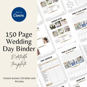 Op de afbeelding: Een trouwdagmap van 150 pagina's met bewerkbare secties. Het ontwerp bevat pagina's voor ceremoniedecoratie, thema's en kleurenschema's, locatievergelijking en huwelijksideeën. De tekst "Edit in Canva" staat in een blauwe cirkel.
