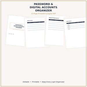Könnte beinhalten: Ein 15-seitiger, druckbarer und digitaler PDF-Passwort- und Digital-Konten-Organizer. Das Dokument enthält eine Titelseite sowie interne Vorlagen für E-Mail-, Bank-, Finanz- und WLAN-Konten mit Spalten für Anmeldedaten und Notizen.