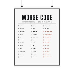 May include: A white wall poster featuring a black Morse Code chart with the title MORSE CODE INTERNATIONAL ITU-R M.1677-1. The chart displays letters A through Z in black and numbers 0 through 9 in red, each paired with its corresponding code.
