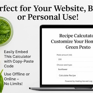Peut inclure: Un ordinateur portable affichant un site Web avec un calculateur de recette de pesto vert. Le calculateur comporte des champs pour la quantité de pesto en millilitres et le type de graines. Le site Web est intitulé "Calculateur de recette : Personnalisez votre pesto vert maison".