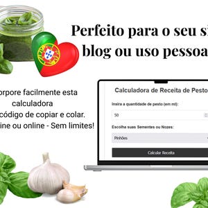 May include: A laptop screen displaying a pesto recipe calculator with a text input field for the amount of pesto in millilitres, a dropdown menu to select the type of seeds or nuts, and a button to calculate the recipe. The calculator is surrounded by images of basil, garlic, and a jar of pesto.