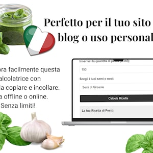 May include: A laptop computer with a website open to calculate pesto recipes. The website has a green, white, and red heart icon, a text box to enter the amount of pesto in millilitres, a drop-down menu to select the type of seeds or nuts, and a button to calculate the recipe. The website also has a text box to display the pesto recipe. The laptop is on a white background with a jar of pesto, basil leaves, and garlic cloves.