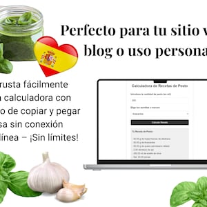 Peut inclure: Un ordinateur portable affichant un calculateur de recettes de pesto avec un champ de saisie de texte pour la quantité de pesto, un menu déroulant pour choisir les graines ou les noix, et un bouton pour calculer la recette. Le calculateur affiche une liste d'ingrédients et de quantités pour une recette de pesto. L'image comprend également un pot de pesto, des feuilles de basilic et des gousses d'ail.