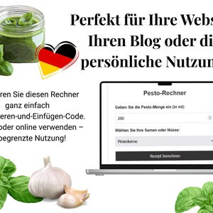 Könnte beinhalten: Ein Laptop-Computer zeigt einen Pesto-Rechner mit einem Texteingabefeld für die Menge an Pesto in Millilitern, einem Dropdown-Menü zur Auswahl der Art der Samen oder Nüsse und einem Button zum Berechnen des Rezepts. Der Laptop ist umgeben von Bildern von Basilikum, Knoblauch und einem Glas Pesto.