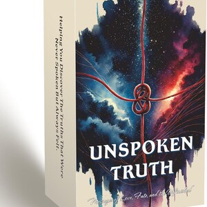 May include: A rectangular deck box featuring a cosmic background of deep blues, purples, and reds. A red string tied in a knot is centered. The text reads: Unspoken Truth, Helping You Discover The Truths That Were Never Spoken But Always Felt.