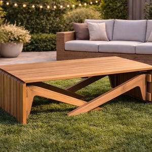 May include: A rectangular wooden coffee table with a natural finish. The table has a slatted design on the sides and angled support legs. It is set on a green lawn, with a sofa and plants in the background.