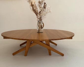 Round Solid Golden Oak Transformer Table – Adjustable Coffee to Dining Table for Large Family