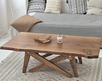 Live Edge Oak Transformer Table: Adjustable Height Coffee to Dining