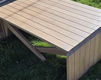 Outdoor Solid Wood Transformer Table Adjustable Height Coffee to Dining Expandable Patio Furniture
