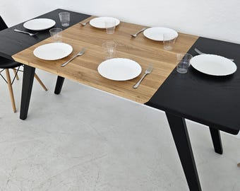 Oak Transformer Table – Adjustable Coffee to Dining, Black Edge & Legs, Handmade Custom Furniture