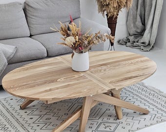 Oval Extendable Solid Wood Table – Adjustable Coffee & Dining Table 2-in-1 | Handcrafted from Natural Hardwood