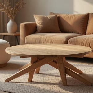 May include: A round light oak coffee table with a geometric base consisting of intersecting wooden legs, positioned in a living room setting with two cream-colored textured round ottomans and a brown sofa in the background.