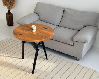 Round Oak Epoxy Table – Adjustable Coffee Dining Transformer, Solid Wood Furniture