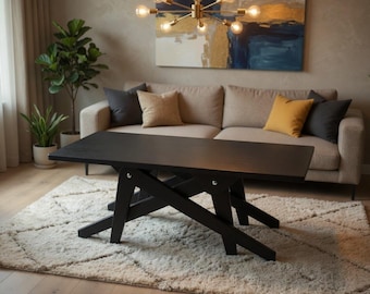 Black Solid Wood Transformer Table – Adjustable Coffee to Dining Height, Handmade Modern Furniture