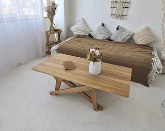 Adjustable Solid Wood Transformer Table: Coffee to Dining Height
