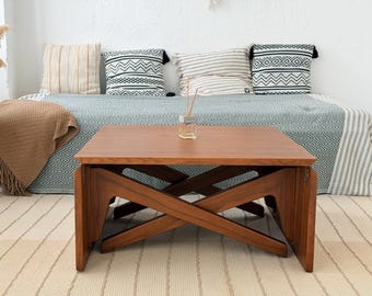 Convertible Walnut Finish Coffee to Dining Table Adjustable Height Solid Wood Expandable Design