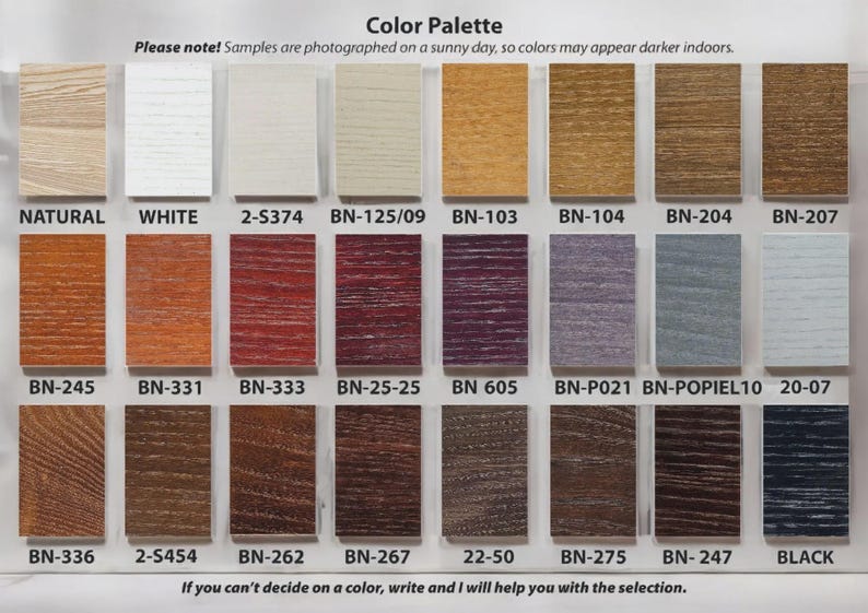 K&ouml;nnte beinhalten: Eine Farbpalette mit vierundzwanzig rechteckigen Holzmaserungsmustern, die in drei Reihen angeordnet sind. Jedes Muster ist mit einem Code oder Farbnamen beschriftet, darunter Natural, White, BN-103, BN-605 und Black. Der Text Color Palette steht oben.