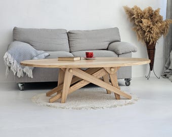 Handmade Oval Wood Transformer Table: Adjustable Height Coffee to Dining