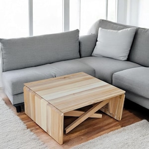 Modern Wooden Transformer Table – 2-in-1 Coffee and Dining Table – Handmade Adjustable Height Furniture – Foldable Solid Wood Table