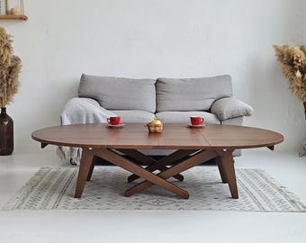 Handmade Round Oak Transformer Table – Adjustable Height Coffee Dining Table