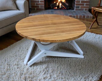 Round Oak Transformer Table with White Legs – Solid Wood Coffee to Dining Table