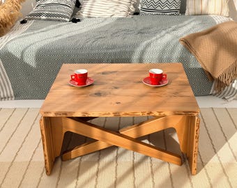 Handmade Solid Wood Transformer Table with Live Edge – Adjustable Height Coffee to Dining Table