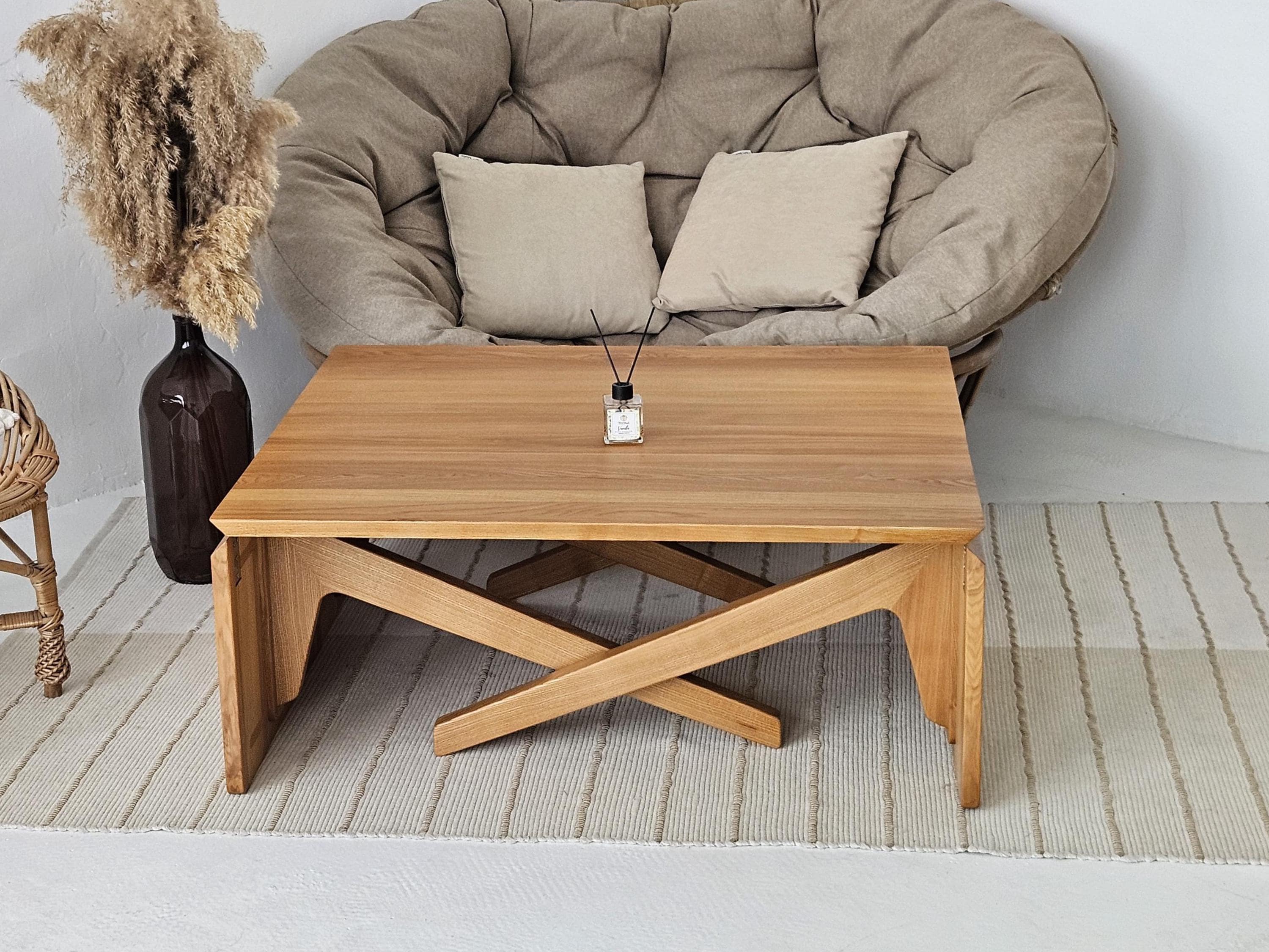 Modern Wooden Transformer Table – 2-in-1 Coffee and Dining Table – Handmade Adjustable Height Furniture – Foldable Solid Wood Table