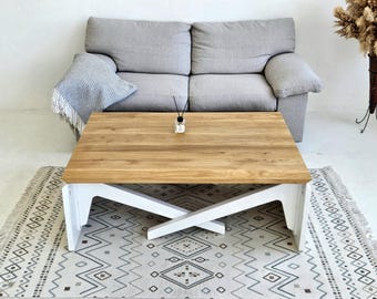 Handmade Oak Solid Wood Transformer Table: Adjustable Height Coffee to Dining