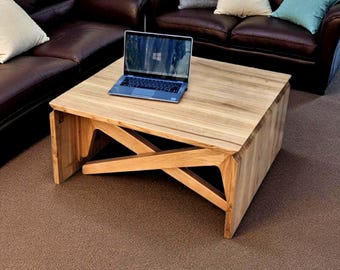 Handmade Solid Oak Transformer Table: Adjustable Height Coffee to Dining