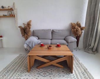 Solid Wood Folding Table with Beveled Edges – Adjustable Coffee to Dining Transformer