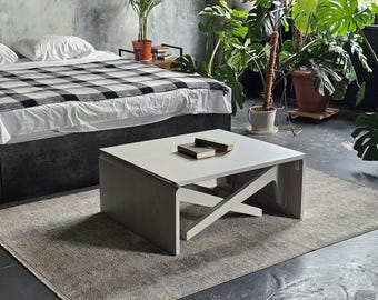 Handmade Grey Solid Wood Transformer Table: Adjustable Height Coffee to Dining