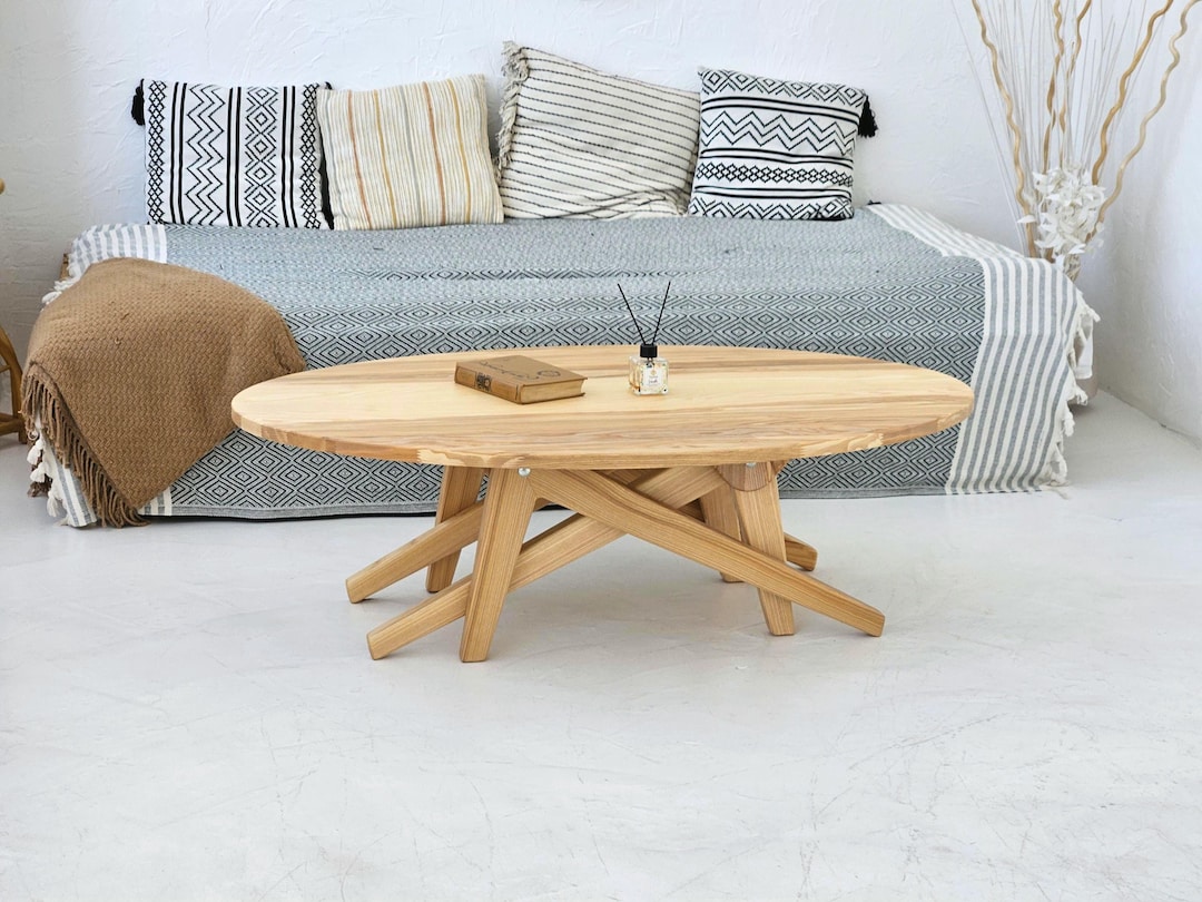 Handmade Oval Wood Transformer Table: Adjustable Height Coffee to ...