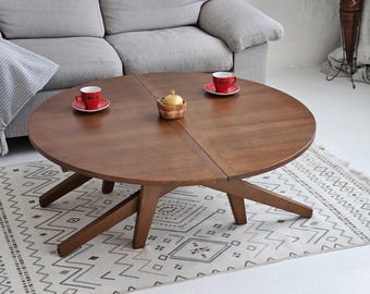 Round Solid Oak Convertible Table –  Natural Wood Coffee & Dining Table, Christmas Gift for Home