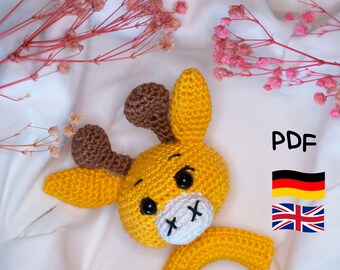 Sonajero de jirafa para bebé, patrón de sonajero de crochet, regalo de crochet para bebé, bricolaje, patrón de amigurumi de jirafa, patrón de sonajero de madera